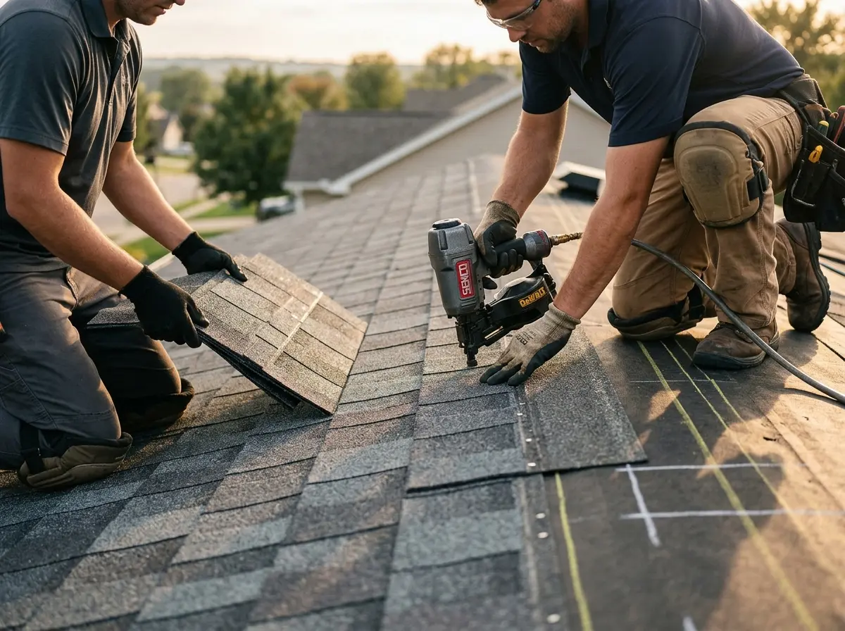 Professional roofer working on a residential roof in Groveland